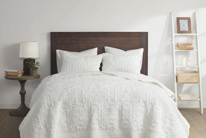 Aster 3 Piece Embroidered Faux Fur Coverlet Set in Ivory From Madison Park