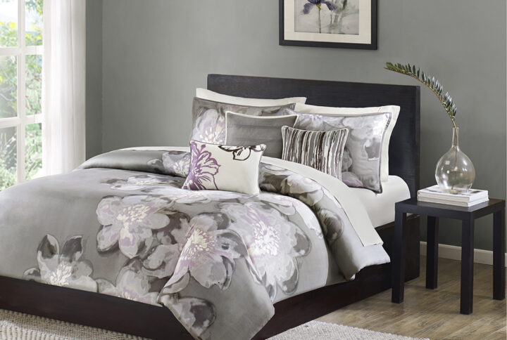 Serena 6 Piece Printed Duvet Cover Set in Grey From Madison Park