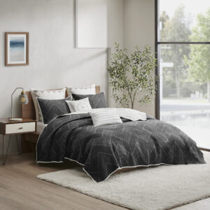 Pomona 3 Piece Embroidered Cotton Quilt Set in Black From INK+IVY