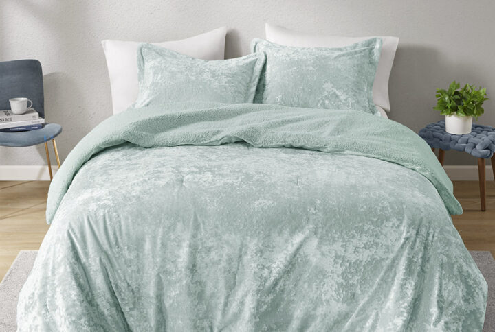 Mira Crushed Velvet Sherpa Reversible Comforter Set in Aqua From Intelligent Design