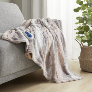 Zuri Oversized Faux Fur Heated Throw in Blush/Grey From Beautyrest