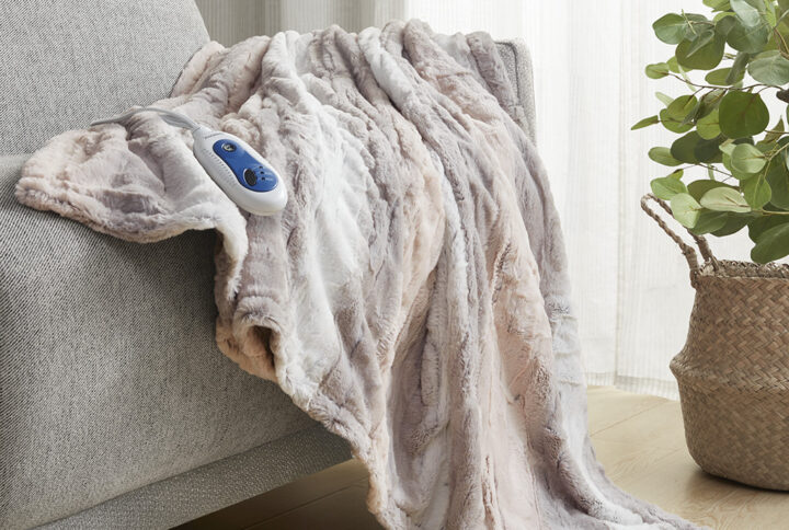 Zuri Oversized Faux Fur Heated Throw in Blush/Grey From Beautyrest