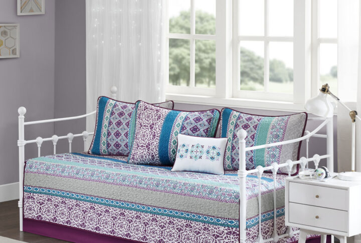 Joni 6 Piece Boho Reversible Daybed Set in Purple From Intelligent Design