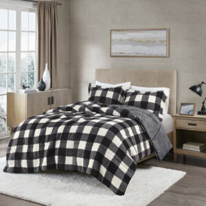 Brooks Print Sherpa Down Alternative Comforter Set in Ivory/Black From True North by Sleep Philosophy