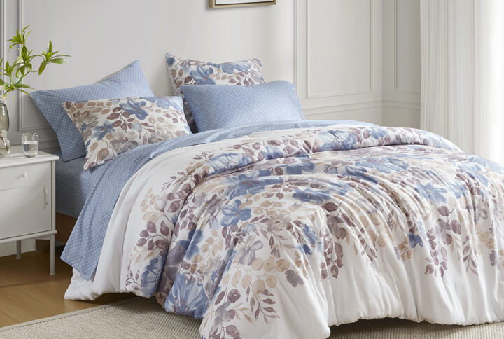 Luna Floral Comforter Set with Bed Sheets in Blue From Madison Park Essentials