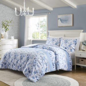 Christa Floral Striped Duvet Cover Set in Blue From Intelligent Design