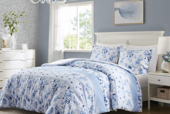 Christa Floral Striped Duvet Cover Set in Blue From Intelligent Design