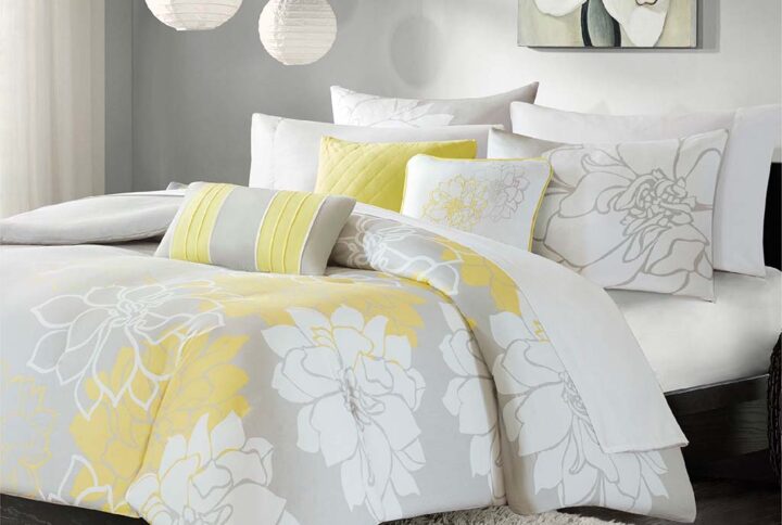 Lola 6 Piece Printed Duvet Cover Set in Taupe Grey/Yellow From Madison Park