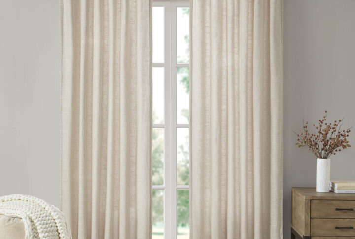 Beals Faux Linen Rod Pocket and Back Tab Fleece Lined Curtain Panel in Natural From Madison Park