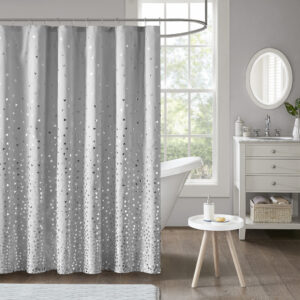 Zoey Metallic Printed Shower Curtain in Grey/Silver From Intelligent Design