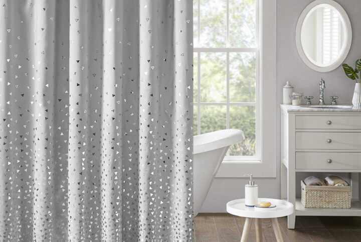 Zoey Metallic Printed Shower Curtain in Grey/Silver From Intelligent Design