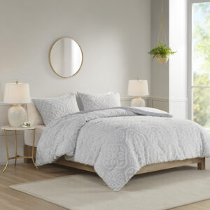 Everly 3 Piece Tufted Woven Medallion Comforter Set in Grey/White From Madison Park