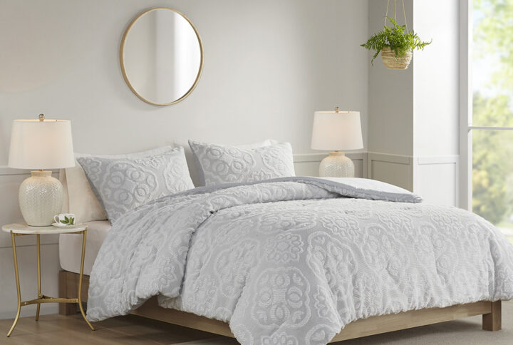 Everly 3 Piece Tufted Woven Medallion Comforter Set in Grey/White From Madison Park