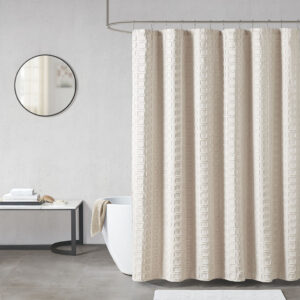 Metro Woven Clipped Solid Shower Curtain in Sand From Madison Park