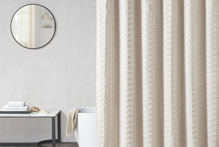 Metro Woven Clipped Solid Shower Curtain in Sand From Madison Park