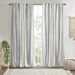 Imani Cotton Printed Curtain Panel with Chenille Stripe and Lining in White/Navy From INK+IVY