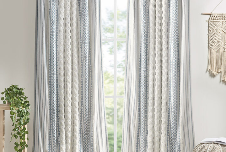 Imani Cotton Printed Curtain Panel with Chenille Stripe and Lining in White/Navy From INK+IVY