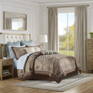 Aubrey 12 Piece Comforter Set with Cotton Bed Sheets in Blue/Brown From Madison Park