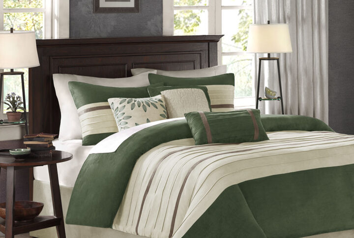 Palmer 7 PC Pieced Faux Suede Comforter Set in Green From Madison Park