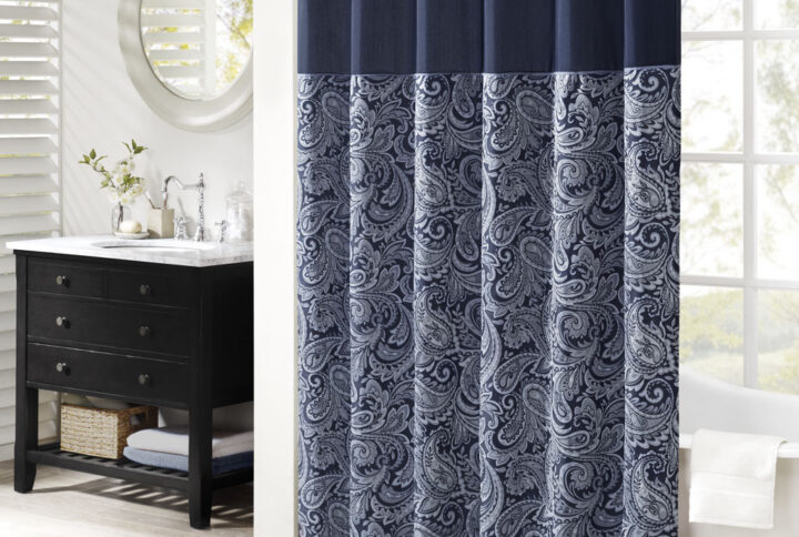 Aubrey Jacquard Shower Curtain in Navy From Madison Park