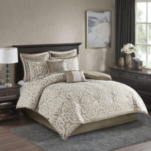 Odette 8 Piece Jacquard Comforter Set in Tan/Ivory From Madison Park