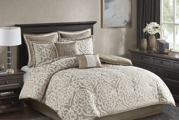 Odette 8 Piece Jacquard Comforter Set in Tan/Ivory From Madison Park