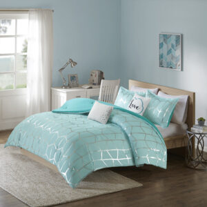 Raina Metallic Printed Comforter Set in Aqua/Silver From Intelligent Design