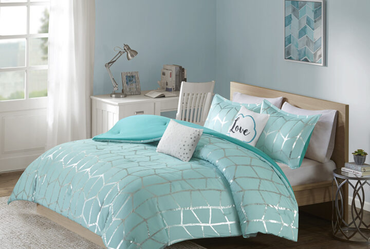 Raina Metallic Printed Comforter Set in Aqua/Silver From Intelligent Design