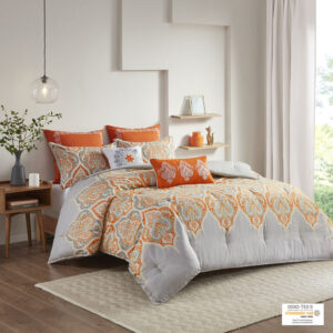 Nisha 7 Piece Printed Cotton Sateen Comforter Set in Orange From Madison Park