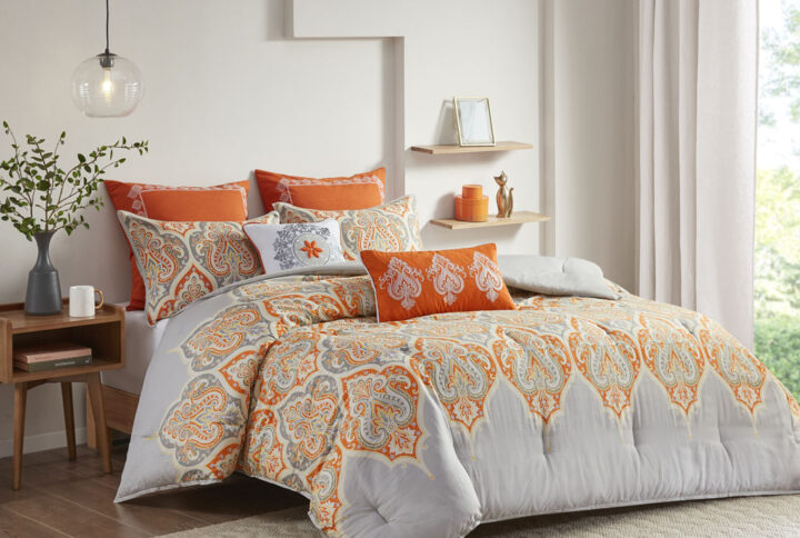 Nisha 7 Piece Printed Cotton Sateen Comforter Set in Orange From Madison Park