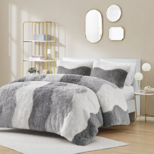 Cassie Ombre Shaggy Faux Fur Comforter Set in Grey From Intelligent Design