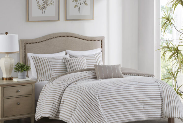 Taylor 5 Piece Clipped Jacquard Comforter Set with Throw Pillows in Natural From Madison Park