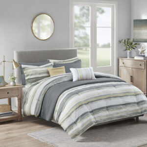 Marina 8 Piece Printed Seersucker Comforter and Quilt Set Collection in Yellow From Madison Park