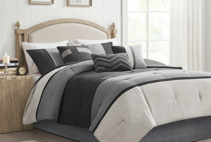 Palisades 7 Piece Faux Suede Comforter Set in Black From Madison Park