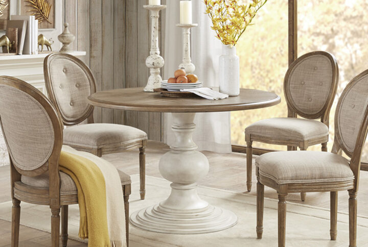 Lexi 46" Round Pedestal Dining Table in Reclaimed Walnut/Antique Cream From Madison Park