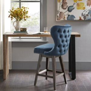 Hancock High Wingback Button Tufted Upholstered 27" Swivel Counter Stool with Nailhead Accent in Dark Blue From Madison Park