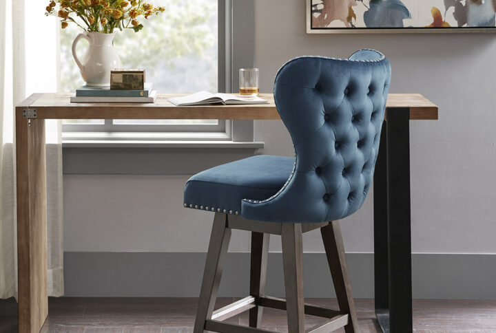 Hancock High Wingback Button Tufted Upholstered 27" Swivel Counter Stool with Nailhead Accent in Dark Blue From Madison Park