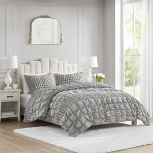 Evelyn 3 Piece Stripe Ruched Comforter Set in Grey From Madison Park