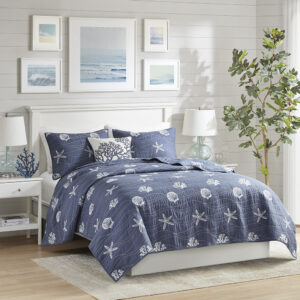 Seaside 4 Piece Cotton Reversible Embroidered Quilt Set with Throw Pillow in Navy From Harbor House