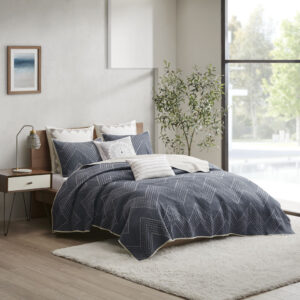 Pomona 3 Piece Embroidered Cotton Quilt Set in Navy From INK+IVY