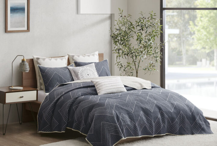 Pomona 3 Piece Embroidered Cotton Quilt Set in Navy From INK+IVY