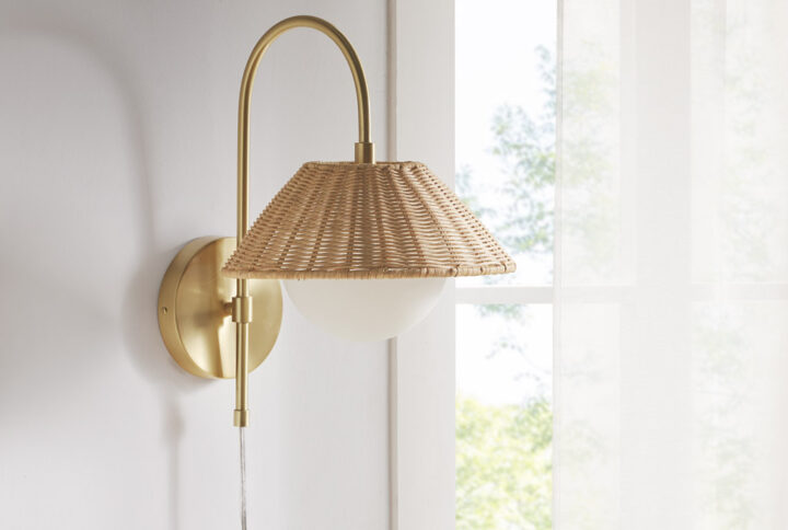 Laguna Rattan Weave Shade Wall Sconce in Gold From INK+IVY