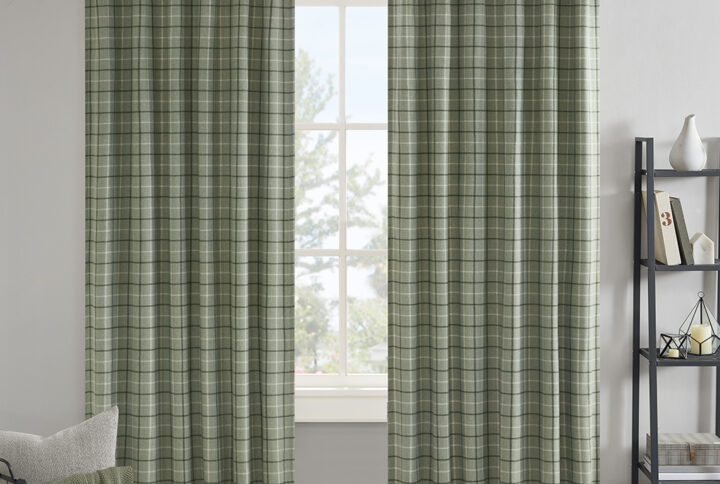 Anaheim Plaid Rod Pocket and Back Tab Curtain Panel with Fleece Lining in Green From Madison Park