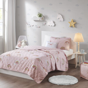 Alicia Rainbow with Metallic Printed Stars Reversible Quilt Set with Throw Pillow in Pink From Mi Zone Kids