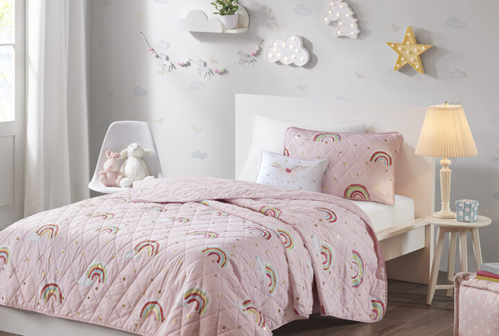 Alicia Rainbow with Metallic Printed Stars Reversible Quilt Set with Throw Pillow in Pink From Mi Zone Kids