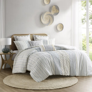 Imani Cotton Printed Comforter Set with Chenille in White/Navy From INK+IVY