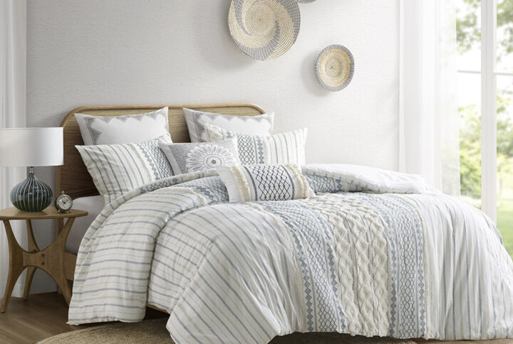 Imani Cotton Printed Comforter Set with Chenille in White/Navy From INK+IVY