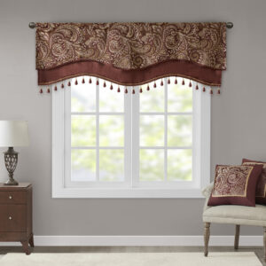 Aubrey Jacquard Window Rod Pocket Valance With Beads in Burgundy From Madison Park