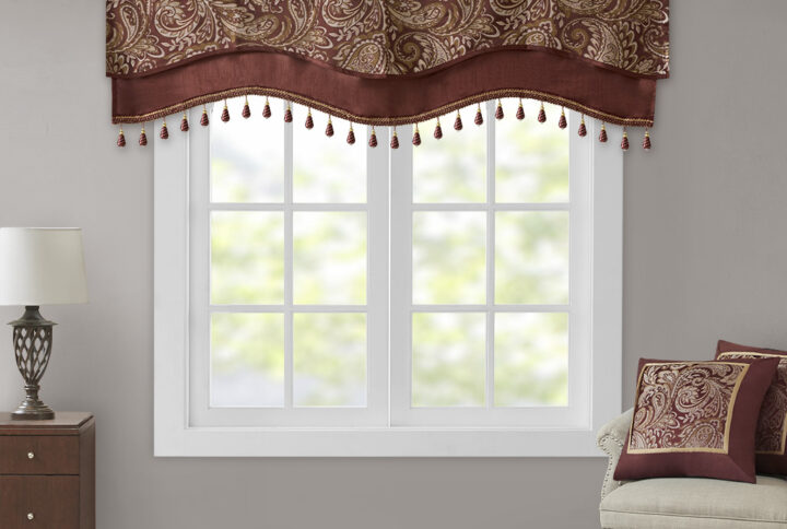 Aubrey Jacquard Window Rod Pocket Valance With Beads in Burgundy From Madison Park