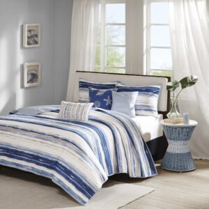 Marina 6 Piece Printed Quilt Set with Throw Pillows in Blue From Madison Park